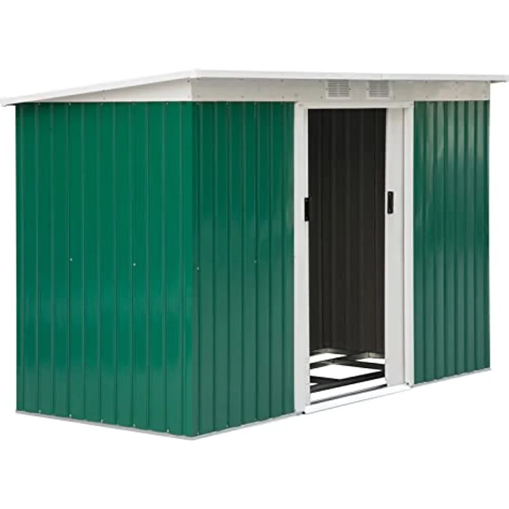 Outsunny Gerätehaus, Gartenhaus, Geräteschuppen mit Schiebetür, Lüftungsfenster, Pultdach, Outdoor, Stahl, Dunkelgrün, 280 x 130 x 172 cm – Bild 1