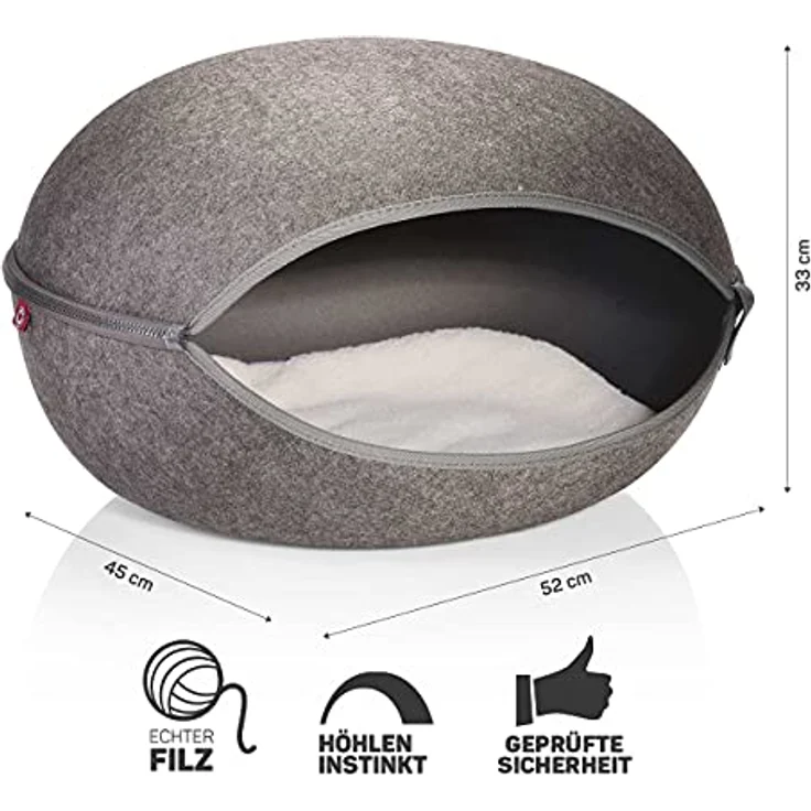 CanadianCat Kuschelhöhle Katzennest Uni-Anthrazit, geräumiges Hundebett und Katzenbett aus hochwertigem Filz, ca. 52 x 45 x 33 cm, für große Katzenrassen – Bild 2