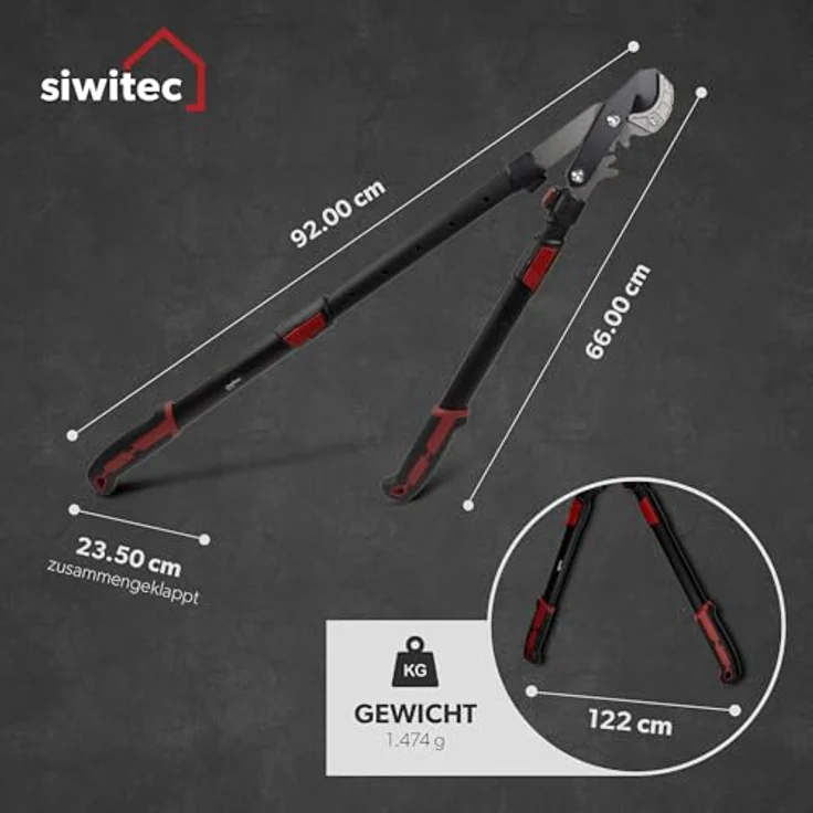 siwitec Teleskop-Amboss-Astschere SG-23, Getriebeastschere mit ergonomischem Griff, 66-92 cm, schwarz-rot – Bild 3