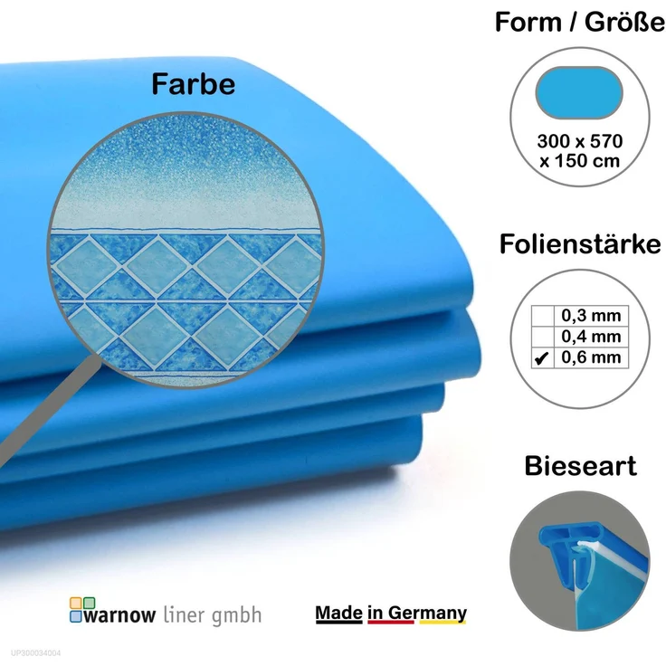 Warnow Liner Premium Poolfolie für Ovalpool, 570 cm x 300 cm x 150 cm, Stärke: 0,6 mm, classic blau, Keilbiese