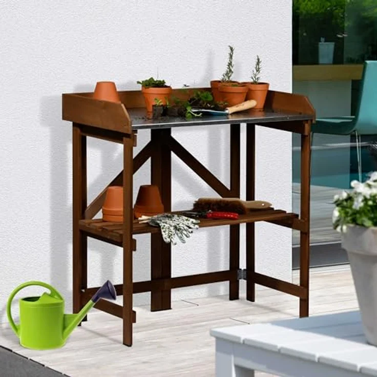 dobar® Klappbarer Pflanztisch aus Massivholz, Faltbarer Umtopftisch mit verzinkter Arbeitsplatte, 85 x 44 x 89 cm, dunkelbraun, wetterfest lasiert – Bild 5