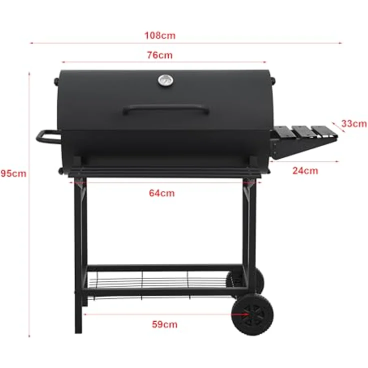 casa.pro Grillwagen Armento Holzkohlegrill mit Deckel BBQ Grillrost aus emailliertem Edelstahl Gartengrill 2 Räder Deckelthermometer 95x108x61cm Schwarz – Bild 5
