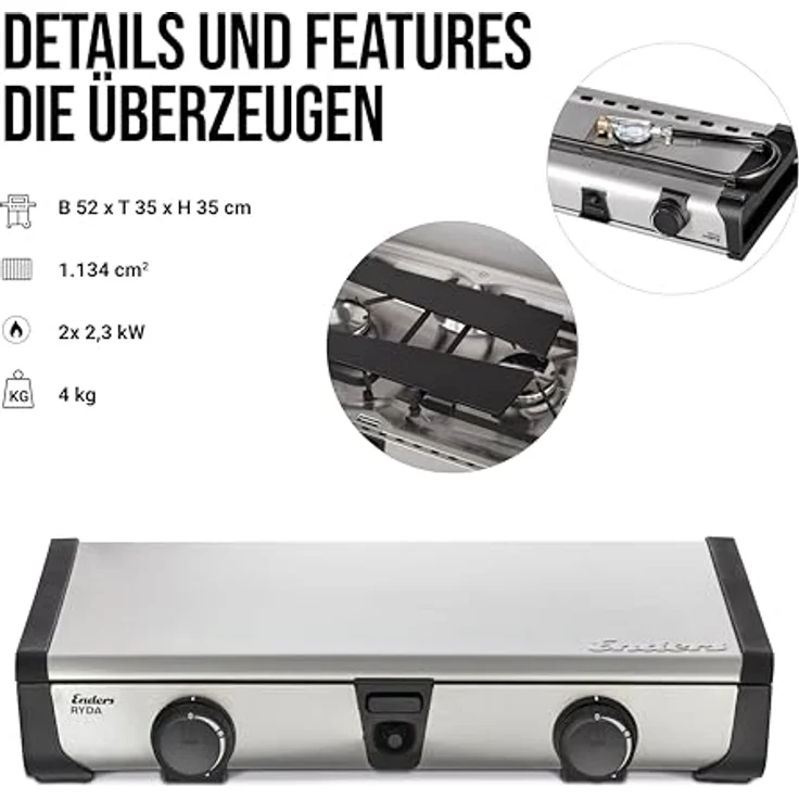 Enders Ryda 2Z, Gaskocher 2-flammig mit Zündsicherung, Edelstahlbrenner 2x2,3 kW, kompakt mit Gasschlauch und Windschutz – Bild 3