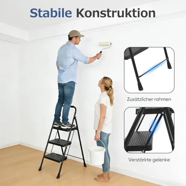 Sekey Trittleiter Klapptritt Faltbar 3 Stufen mit 36 cm XXL-Trittstufen, Anti-Rutsch, bis 150 kg, Haltebügel und rutschsicheren Fußkappen – Bild 3