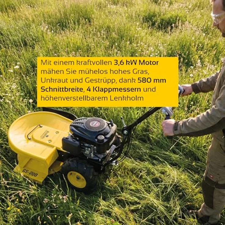 BAMATO Hochgrasschneider GS-200, Benzin-Rasenmäher mit LONCIN Motor, 580 mm Schnittbreite, 3,6 kW Leistung, höhenverstellbarer Lenkholm – Bild 3