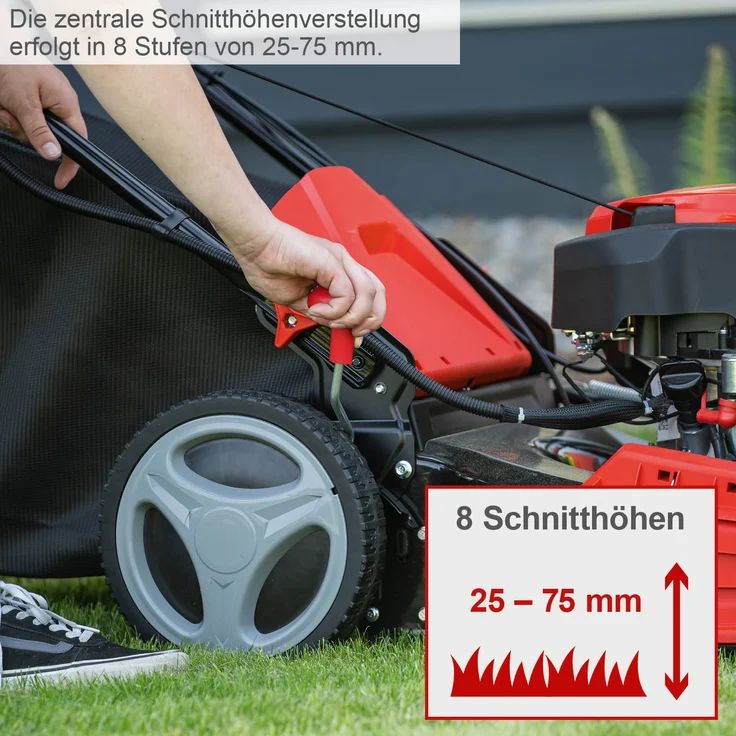 Scheppach MS161-46 Benzin Rasenmäher - 46 cm Schnittbreite | 55 Liter Fangkorb | Stahlgehäuse | 7-stufige Höhenverstellung | Mulchfunktion | Radantrieb | Seitenauswurf | inkl. Motoröl – Bild 5