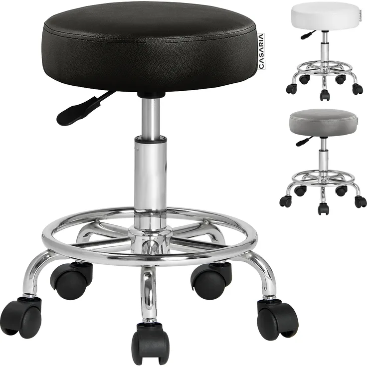Casaria Rollhocker Höhenverstellbar 10cm Polsterung 360°C Drehbar 51-65cm Sitzhöhe Fußstütze Küche Büro Arbeitshocker Bürohocker Drehhocker Hocker