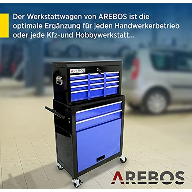 Werkstattwagen Werkzeugwagen Werkzeug Rollwagen Werkzeugkasten 9 Fächer Blau-Schwarz - Blau-Schwarz - Arebos – Bild 3