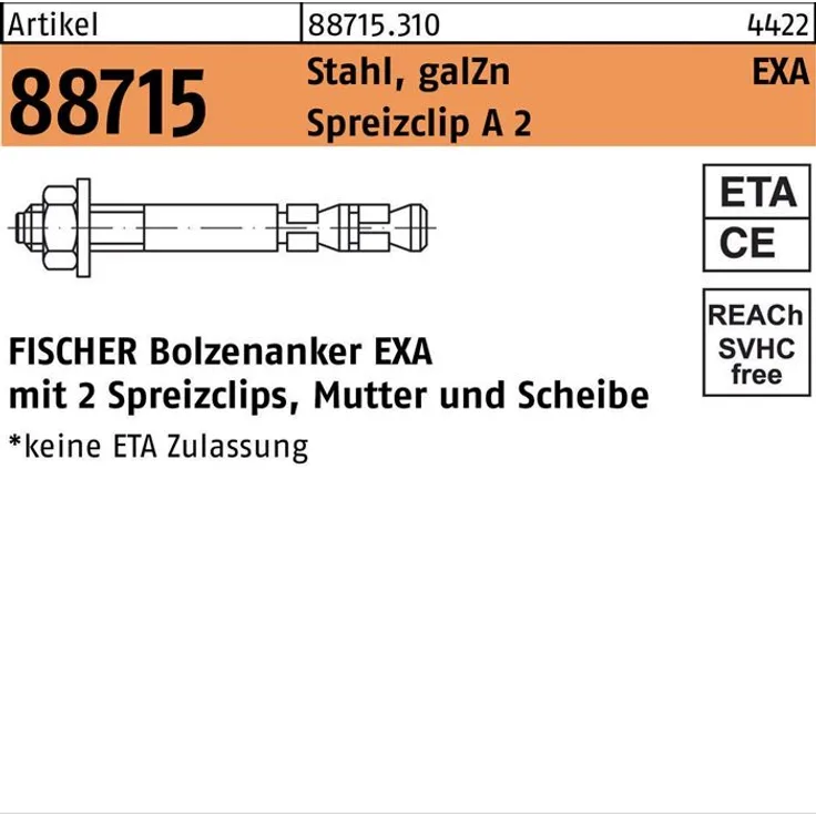 Bolzenanker R 88715 EXA 8 /15 Stahl galv.verz./Spre izclip A2 50St. FISCHER