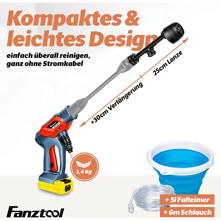 Fanztool Akku Hochdruckreiniger 20V mit 5-in-1-Multifunktionsdüse, 24 Bar Druck, Fördermenge 150 l-h, inkl. 6 m Schlauch mit Filter und 5 Liter Eimer – Bild 3