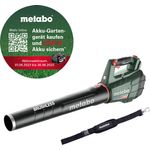 Metabo Akku Laubbläser LB 18 LTX BL (18 Volt, Li-Ion, Tragegurt, gummierter Griff, 150 km/h Luftgeschwindigkeit, bürstenloser Motor) ohne Akku und Ladegerät, im Karton