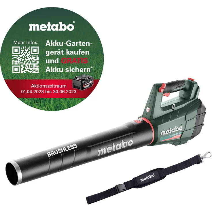 Metabo Akku Laubbläser LB 18 LTX BL (18 Volt, Li-Ion, Tragegurt, gummierter Griff, 150 km/h Luftgeschwindigkeit, bürstenloser Motor) ohne Akku und Ladegerät, im Karton – Bild 1
