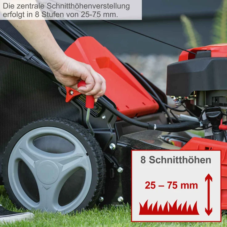 Scheppach MS150-46E Benzin Rasenmäher mit E-Start | 46cm Schnittbreite | Reinigungsfunktion | 55 Liter Fangkorb | Stahlgehäuse | 7-stufige Höhenverstellung | Mulchfunktion | Radantrieb | Seitenauswurf – Bild 4