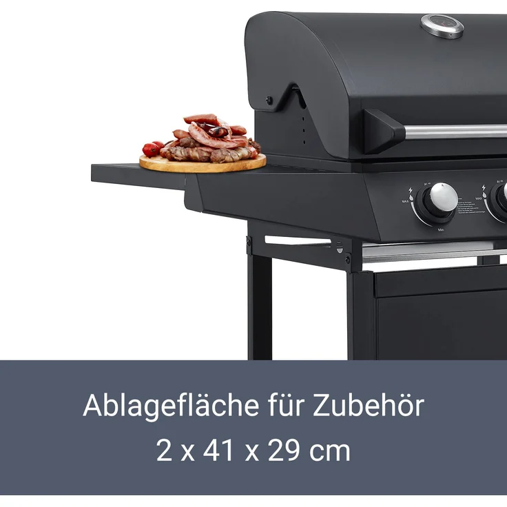 Juskys BBQ Gas-Grill Louisiana 3 Brenner Stahl-Korpus Grillrost, Deckel mit Thermometer, Warmhalterost & Seitenablagen Grillwagen Griller – Bild 8