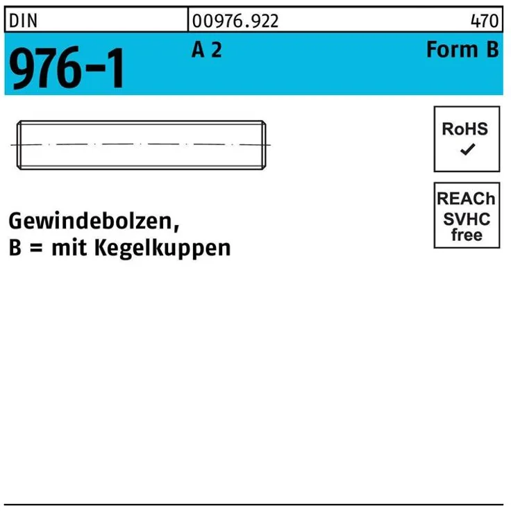 Gewindebolzen DIN 976 Keg elkuppen BM 12x 200 A 2 25 Stück