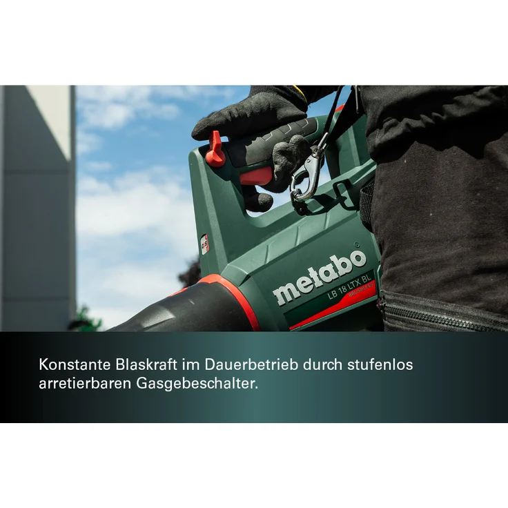 Metabo Akku Laubbläser LB 18 LTX BL (18 Volt, Li-Ion, Tragegurt, gummierter Griff, 150 km/h Luftgeschwindigkeit, bürstenloser Motor) inkl. 2x 5,2 Ah Li-Ion Akku und Ladegerät ASC 55 – Bild 6