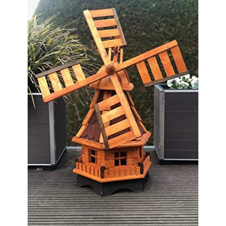 Darlux Sechseck Garten-Windmühle aus Holz kugelgelagert Braun-Rot – Bild 3