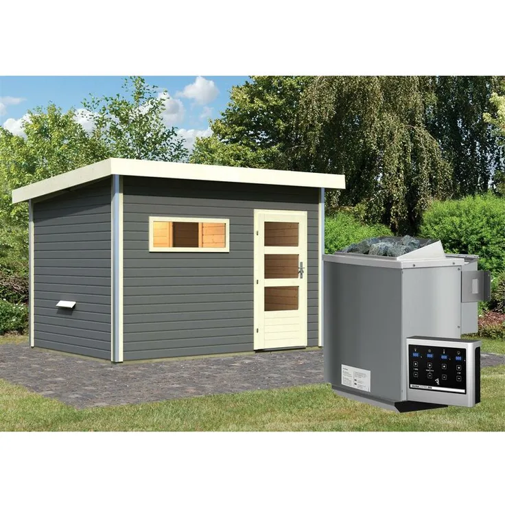 Karibu Saunahaus Skrollan 2 mit moderner Tür Set terragrau mit Ofen 9 kW Bio, externe Steuerung easy