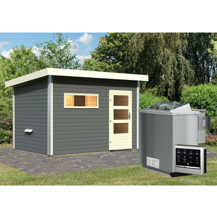 Karibu Saunahaus Skrollan 2 mit moderner Tür Set terragrau mit Ofen 9 kW Bio, externe Steuerung easy – Bild 1