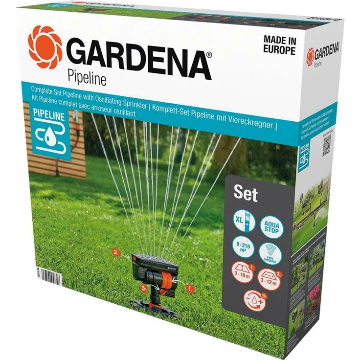 GARDENA Komplett-Set Pipeline Viereckregner Sprinklersystem (8274-34) Schlauchlänge 20 m Anschlussdurchmesser 3/4 Zoll max. Beregnungsfläche 216 m² max. Beregnungsweite 18 m