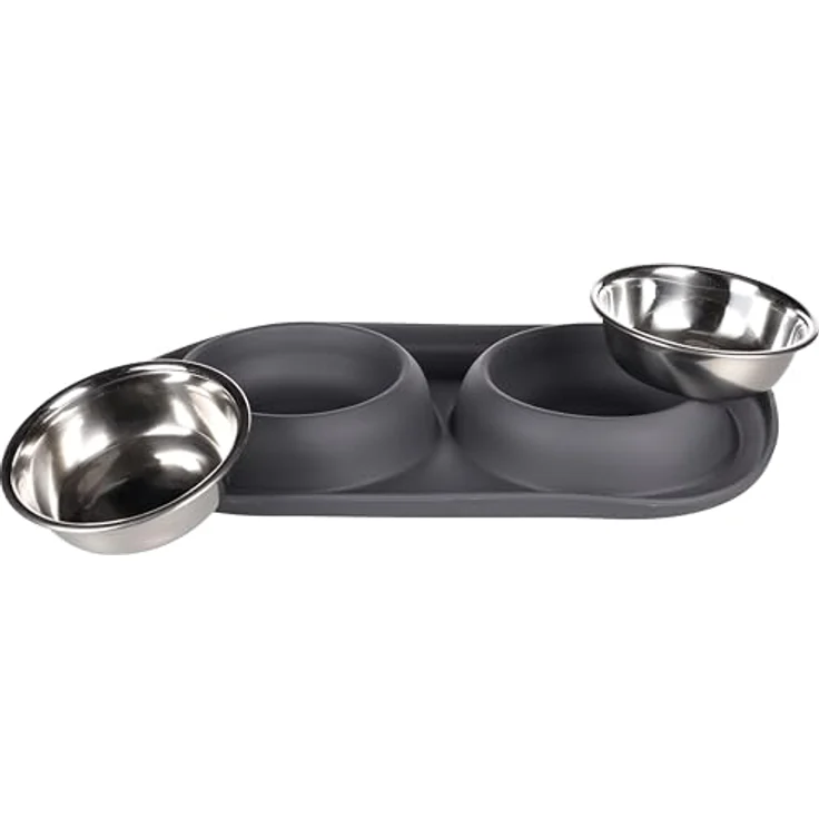 Flamingo Futter- und Trinknapf Duo Dinner Grafa Oval, Edelstahl mit antirutsch-Boden, dunkelgrau, 2x220ml, 34x19x3,5cm – Bild 4