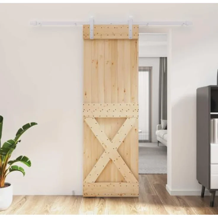 vidaXL Schiebetür Natürlich und Weiß, 70 x 210 cm, Massivkiefer, platzsparendes modernes Design, funktionales Trenner-Kit – Bild 2