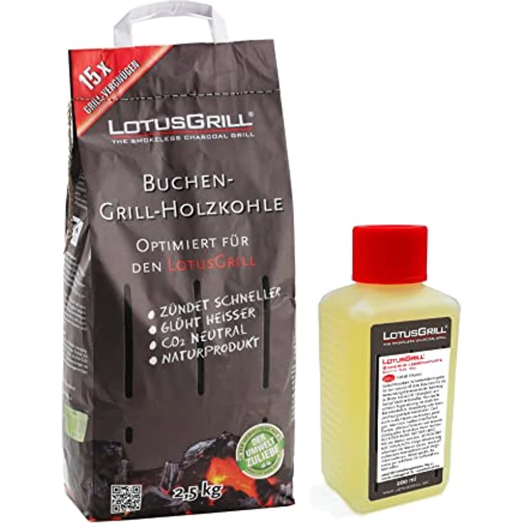 LotusGrill Buche Holzkohle 2,5 kg Beutel mit Pastenbrenner 200 ml für raucharmes Grillen, CO₂ neutral – Bild 1