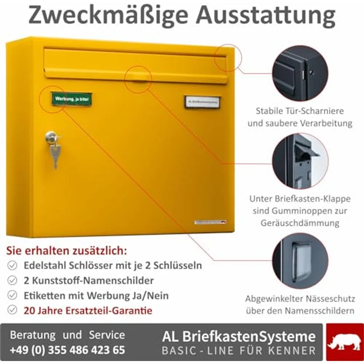 AL Briefkastensysteme Basic 1er Briefkasten RAL 1003 Signal Gelb wetterfest mit Posthaltebügel und 2 Namensschildern – Bild 3