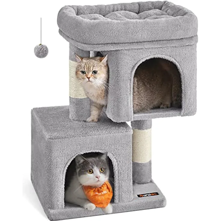 Feandrea Kratzbaum klein, 67 cm Katzenbaum, Katzenhaus für Kätzchen bis zu 3 kg, große Plattform, Sisalstämme, hellgrau PCT611W01