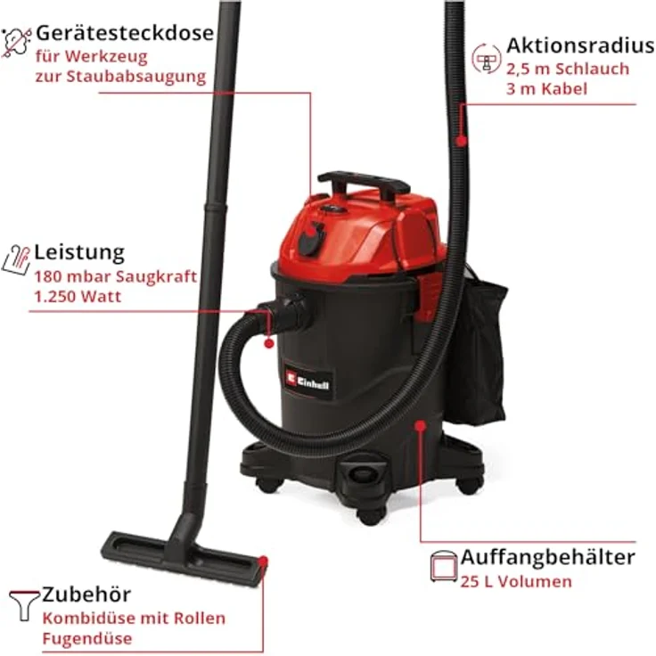 Einhell Nass-Trocken-Sauger TC-VC 1825 A, 1250 W, mit 25 Liter Behälter, Blasfunktion und automatischer Gerätesteckdose – Bild 2
