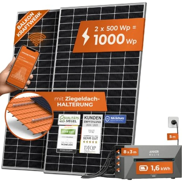 Solarway® All In One Balkonkraftwerk mit Speicher 1000W - 1,6 kWh Anker Solix 2 PRO Speicher - Solaranlage Komplettset 500W Solarmodule & Zubehör, weiß & schwarz – Bild 1