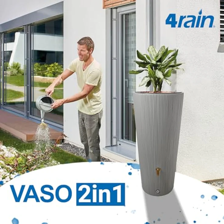 4rain Vaso 2in1 Decor Regentonne 220 Liter zinkgrau inkl. Kunststoff-Auslaufhahn und Fallrohranschluss - Großes Speichervolumen, individuelle Bepflanzung, einfach anzuschließen – Bild 2