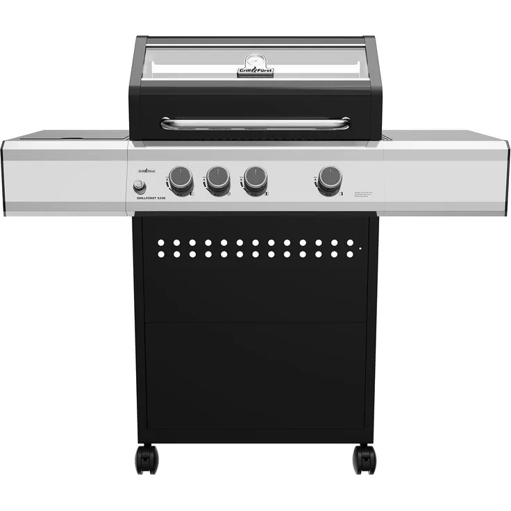 Grillfürst S330G 3-Brenner Gasgrill mit Seitenkocher und Gusseisen Rost, Schwarz