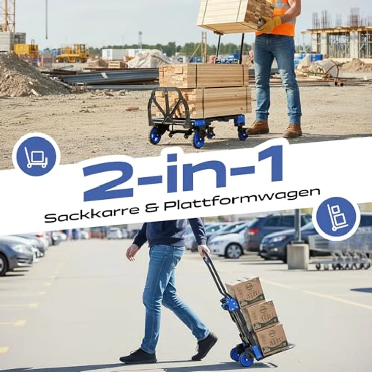 Sekey Sackkarre Alu 2-in-1, Klappbar bis 150 kg Tragkraft, Plattformwagen mit Bremse, ergonomischem Griff, schwarz/blau – Bild 7