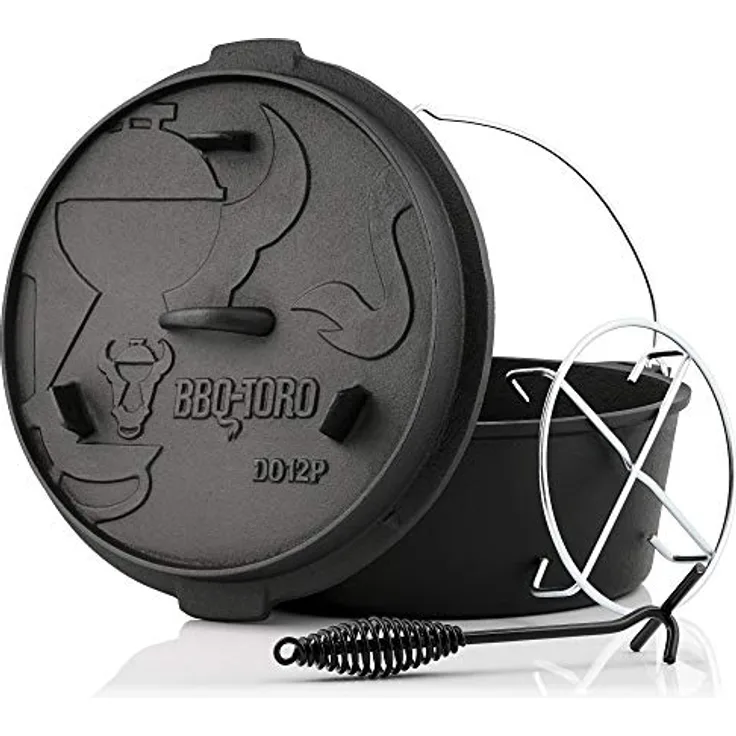 BBQ-Toro Dutch Oven Premium Serie | 13,6 Liter (DO12P), Topf ohne Füße | bereits eingebrannt - preseasoned | Verschiedene Größen | Gusseisen Kochtopf | Bräter mit Deckelheber