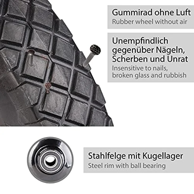 ONVAYA Schubkarrenrad Vollgummi, Ersatzrad für Schubkarre, Sackkarre oder Bollerwagen, Gummirad mit Achse Kugellager, Schubkarrenreifen pannensicher, Größe: 4.80 4.00-8 – Bild 6