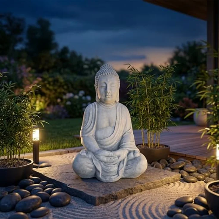 Relaxdays Buddha Figur sitzend, XL 70 cm, wetterfeste Gartenfigur in hellgrau, frostsicher, Vintage Deko für Wohnzimmer – Bild 3
