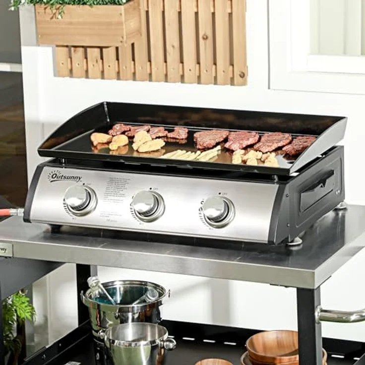Outsunny Gasgrill, Tischgrill BBQ mit 3 Brennern, Tischgasgrill mit Schlauch, Deckel, Campinggrill für Garten, Edelstahl, Metall, Schwarz, 63 x 47 x 25 cm - Preisvergleich – Bild 2