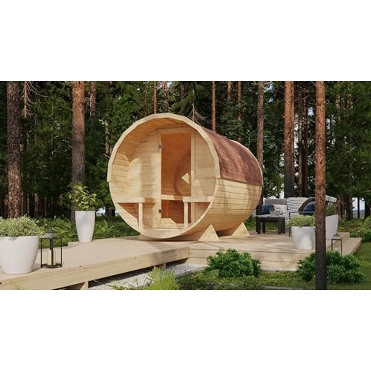 Karibu Fasssauna Fasssauna 38 mm Saunaofen 9kW - Komfortable Stehhöhe 200 cm, inkl. Dachschindeln - Naturbelassen – Bild 3