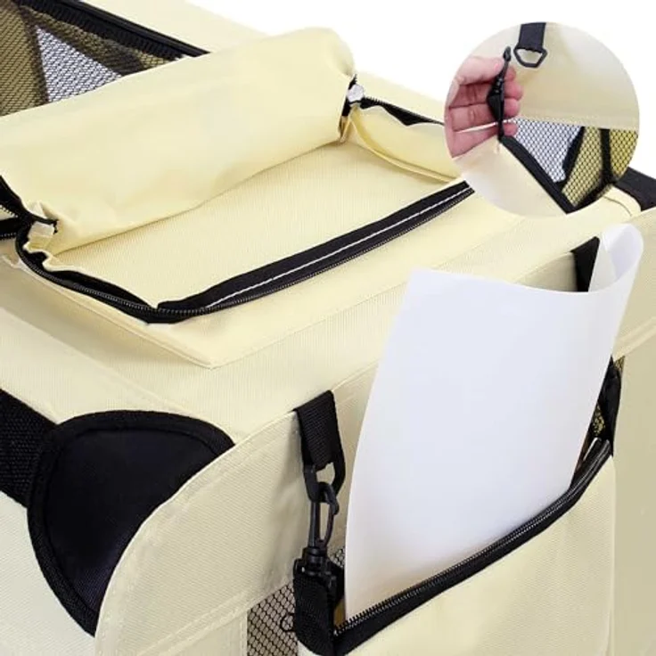Fudajo Faltbare Transportbox für Hunde, Katzen L (70x52x50cm), robust, leicht, sicher, Hundebox mit Tragegriff und Decke, Beige – Bild 5