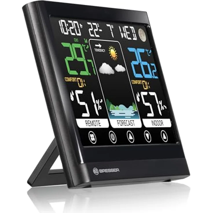 Bresser MeteoTemp BF, Funk Wetterstation mit Touch-Display, Außensensor, Wettervorhersage, Raumklima-Indikator, Temperatur- und Luftfeuchtigkeitsmessung, DCF-Zeitsignal, Wecker – Bild 2