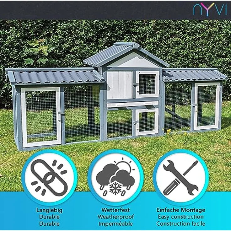 NYVI Hasenstall mit Auslauf - XXL Kleintierstall mit Gehege - PVC Dach - Winterfest & Wetterfest für Draußen - Einfache Montage, Langlebig - Outdoor Kaninchenstall 203x85x53cm Grau - Preisvergleich – Bild 2