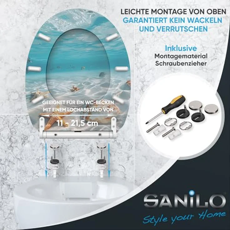 Sanilo WC Sitz Top Fix Waterworld, Absenkautomatik, bruchfestes Holz, 6 Abstandshalter, pflegeleicht, antibakterielle Beschichtung – Bild 6
