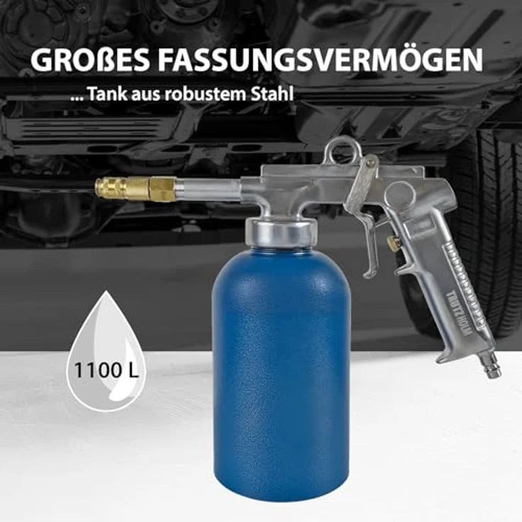 TRUTZHOLM Druckbecherpistole zur Hohlraumversiegelung, 1100 ml Tank, inkl. Runddüse, Hakendüse und Schläuche, blau – Bild 2
