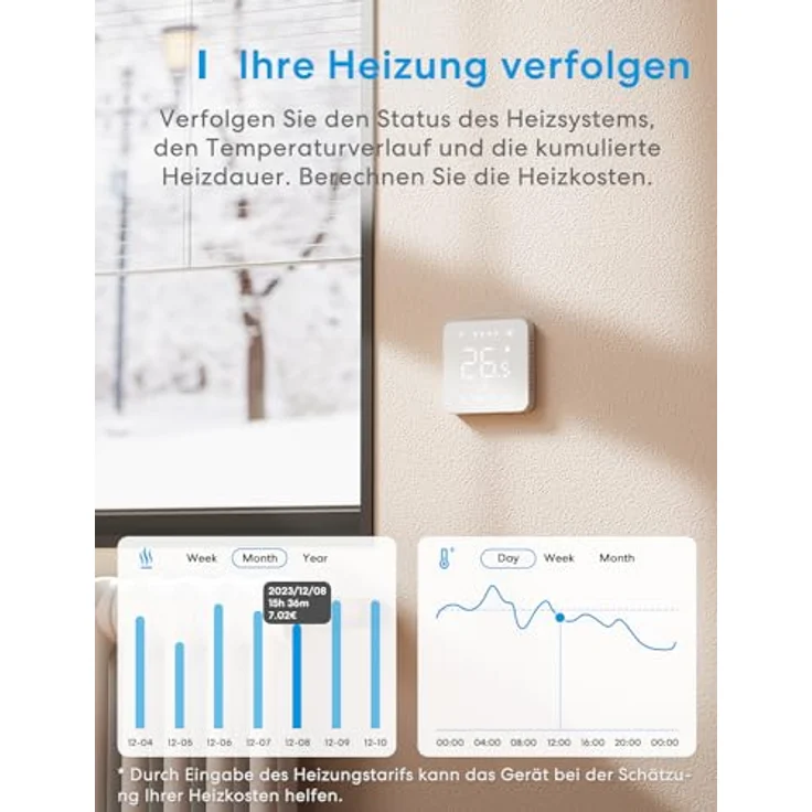 meross Smart Thermostat Boiler, Digitales WiFi Thermostat mit Sprachsteuerung für HomeKit, Siri, Google und Alexa, 0.1℃ Genauigkeit, abgerundete Glasscheibe, pure weiße LED-Beleuchtung – Bild 3
