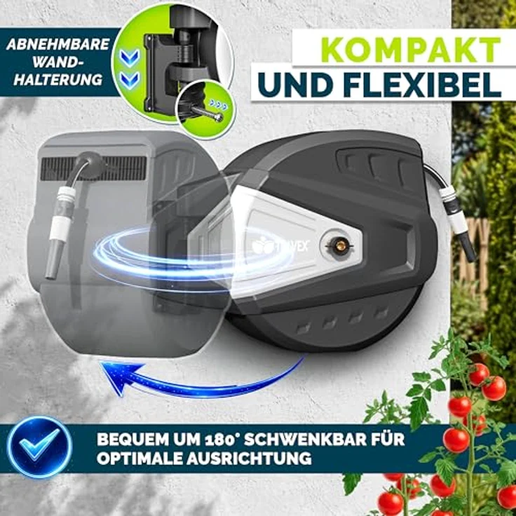 tillvex Schlauchtrommel mit Wandhalterung, 35m Gartenschlauch, 180° schwenkbar, Handbrause mit 9 Funktionen, Schwarz, mit Aufroll-Automatik – Bild 2