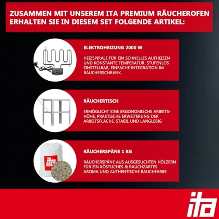 ITA Elektrischer Räucherofen 7000, Smoker Set mit Heizspirale, Tisch, 3 Etagen, Fenster & Thermometer, legierter Stahl, EU Qualität, 81 cm – Bild 2