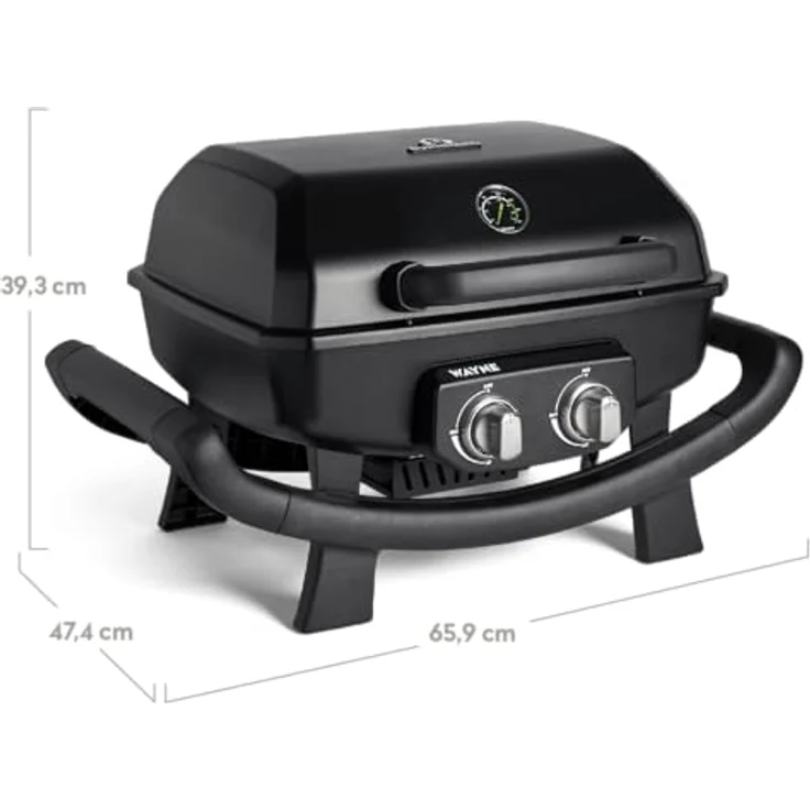 BURNHARD 2-Brenner Gasgrill Wayne 4,4 kW – Tragbarer Balkongrill - Tischgasgrill klein mit Aludruckguss Brennkammer inkl. Abdeckhaube - Gusseisen Grillrost, Schwarz – Bild 2