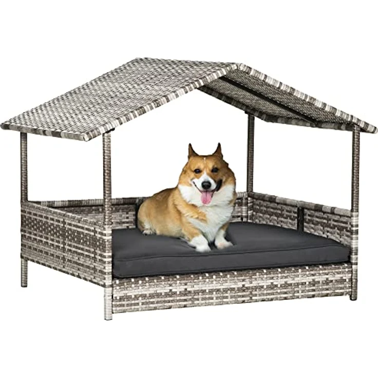PawHut Rattan Hundehaus mit Kissen, Hundebett im Hausform, Outdoor Hundehütte für kleine, mittlere Hunde, Stahlrahmen, Grau, 69 x 98 x 70 cm - Preisvergleich – Bild 1
