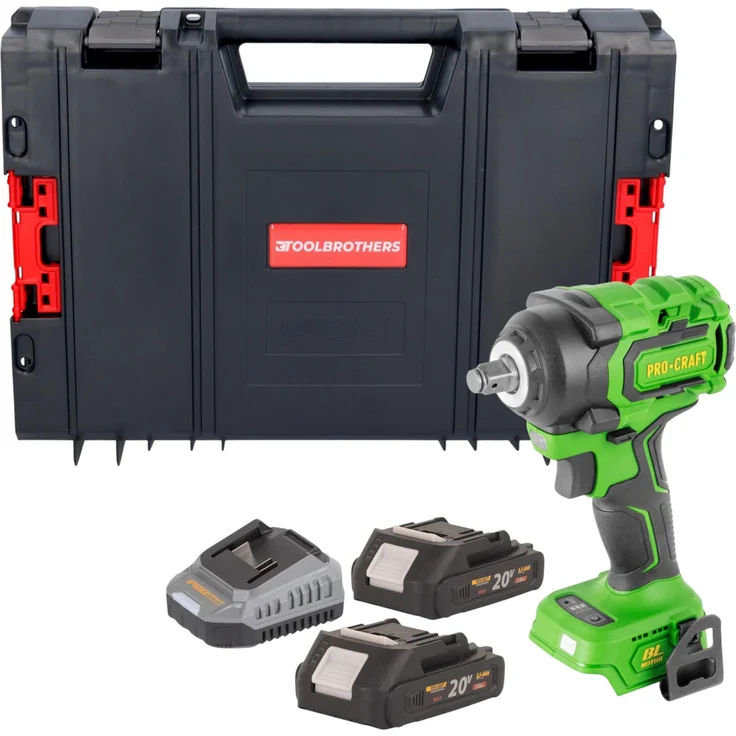 Procraft PWA18bb Akku Schlagschrauber, 20 V, 550 Nm, 1/2" Brushless, inkl. 2x 2,0 Ah Akku, Ladegerät und RHINO Toolcase